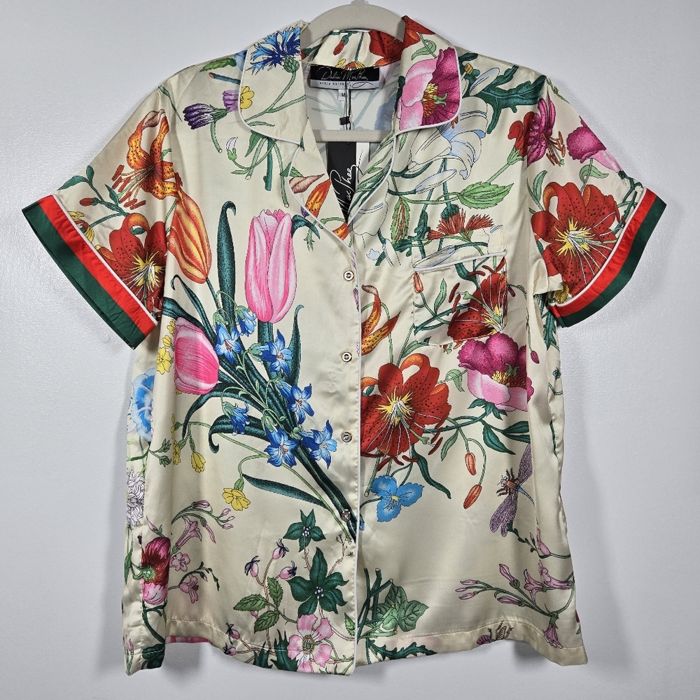 NEW Dalia MacPhee Cream Satin Colorful Floral Button Down Pajama Top Size Medium